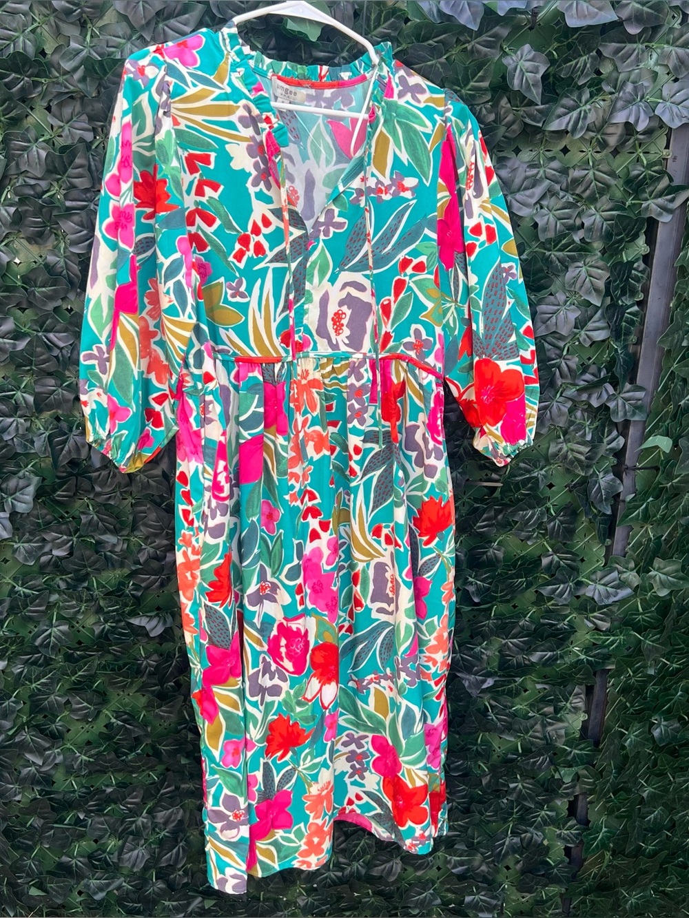 Umgee Teal Floral Midi Dress with Pink & Red Accents